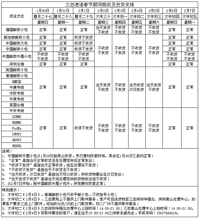 三态速递春节发货安排